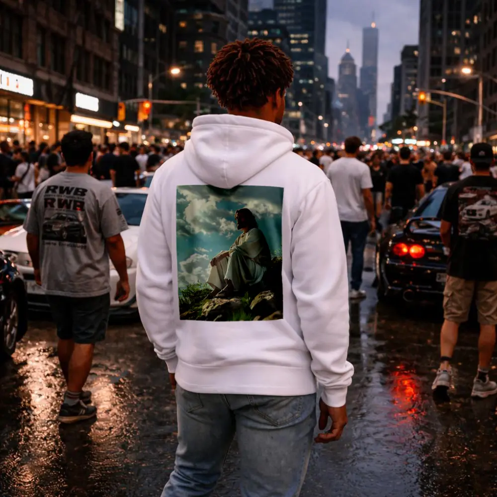 Jesus Sitting On Rocky Hillside Clouds – Hoodies