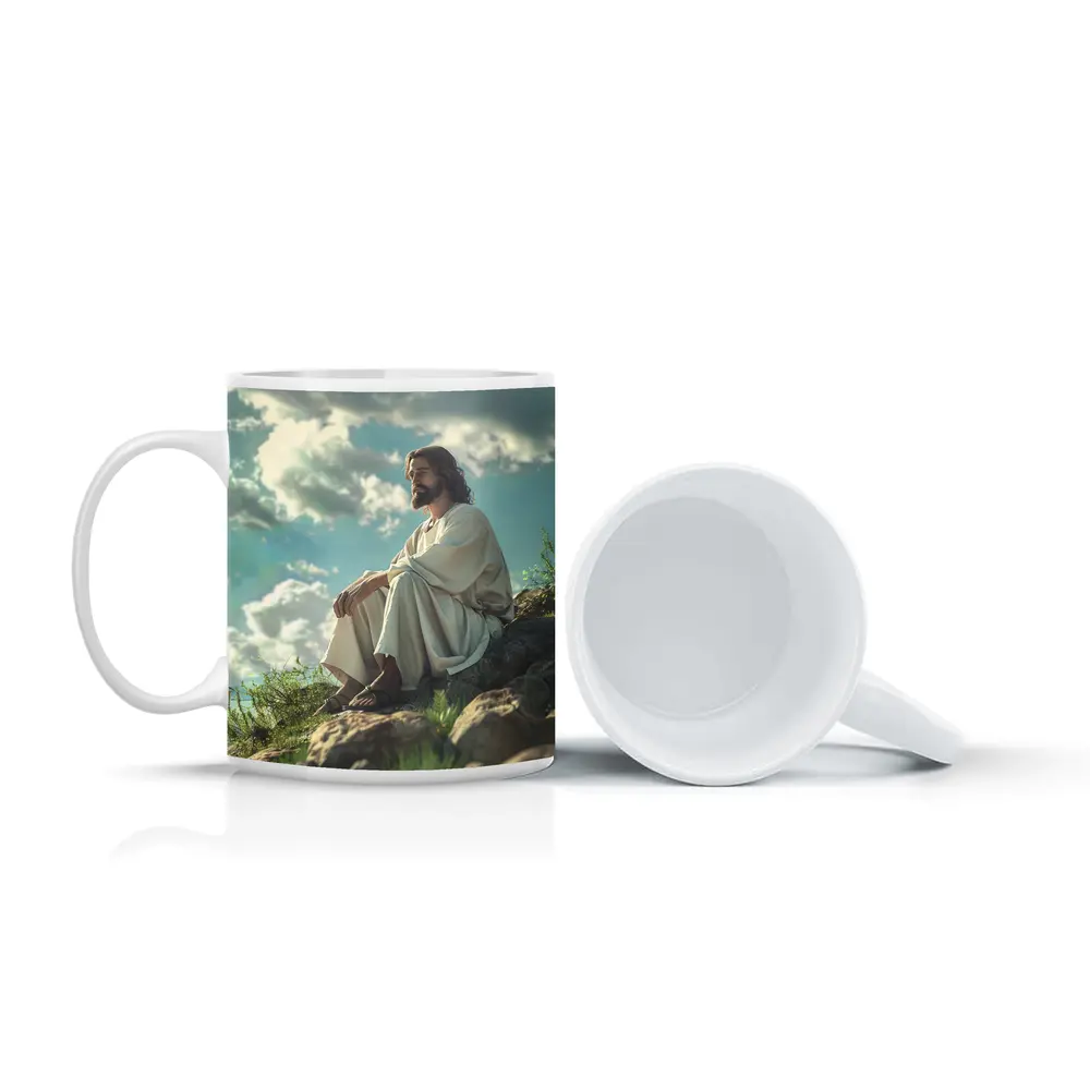 Jesus Sitting On Rocky Hillside Clouds – Mugs