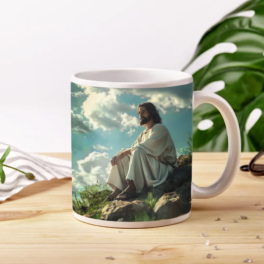 Jesus Sitting On Rocky Hillside Clouds – Mugs