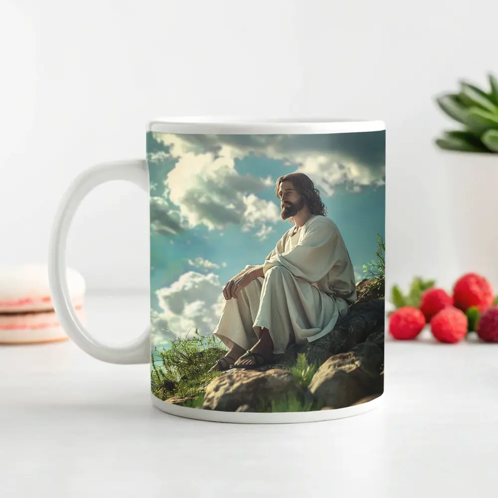 Jesus Sitting On Rocky Hillside Clouds – Mugs