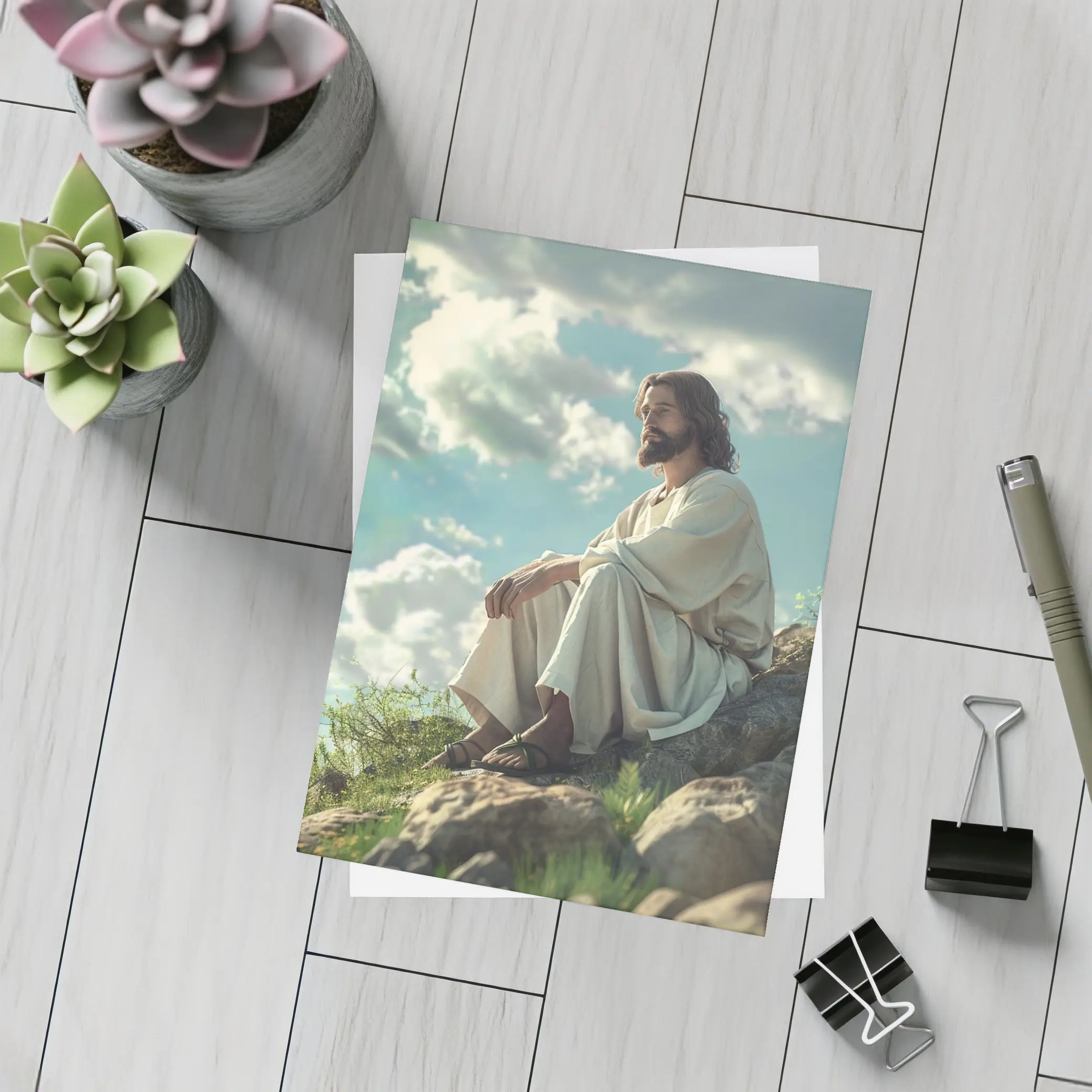 Jesus Sitting On Rocky Hillside Clouds – Postcards