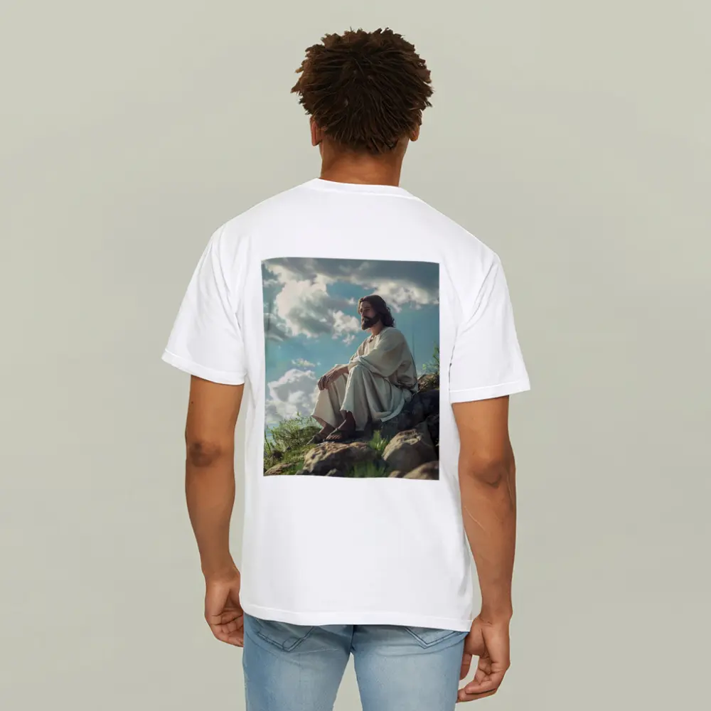 Jesus Sitting On Rocky Hillside Clouds – T-Shirts