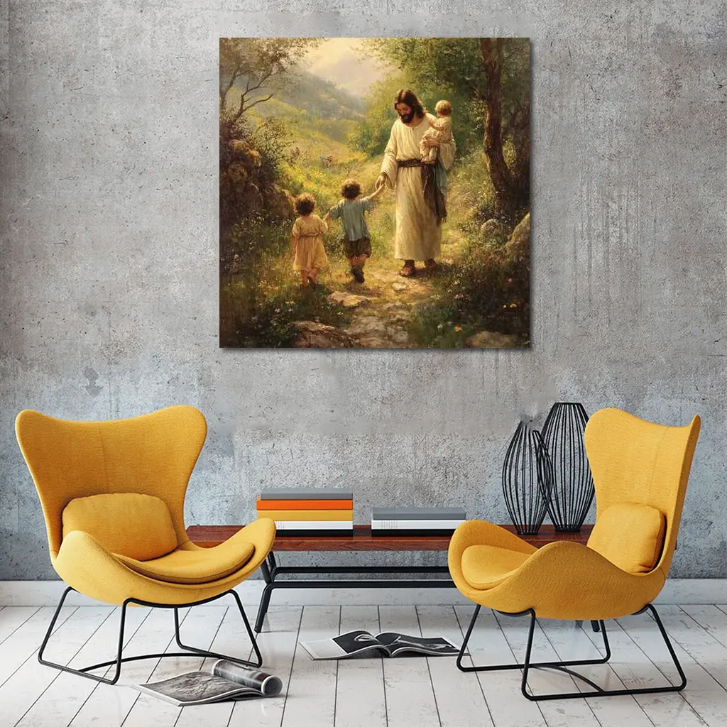 Jesus Walking With Children On Path – Wall Art