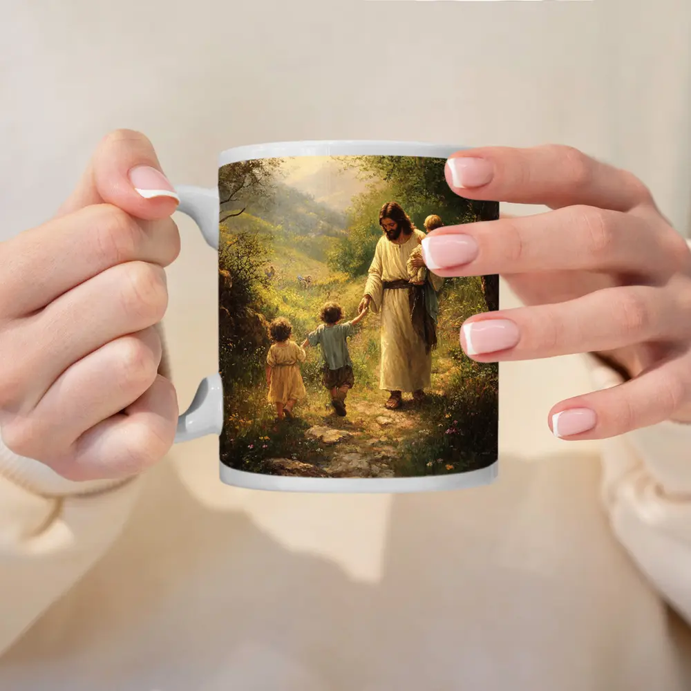 Jesus Walking With Children On Path – Mugs