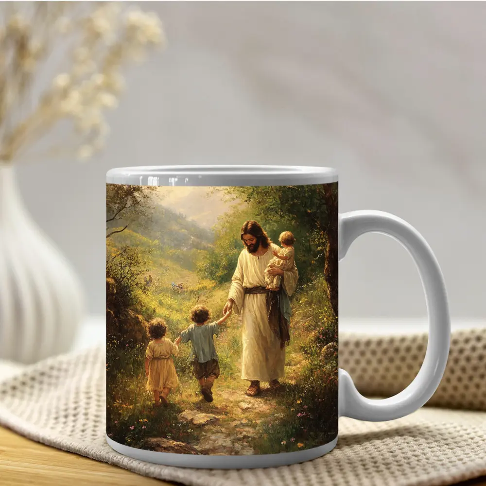 Jesus Walking With Children On Path – Mugs