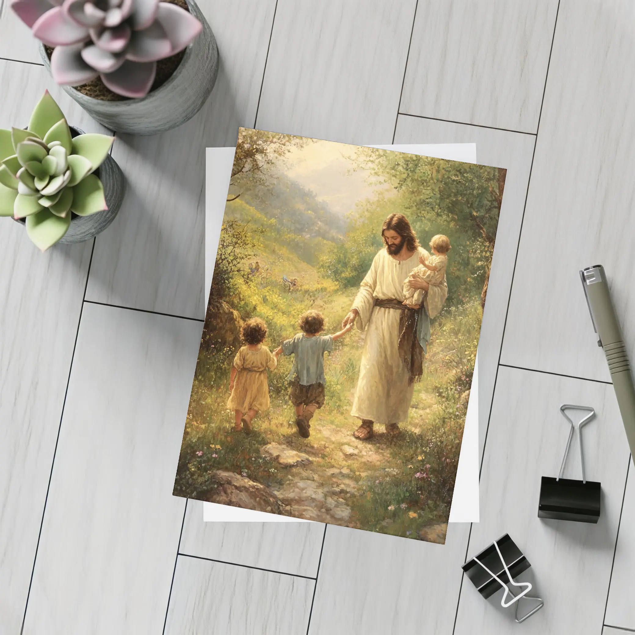 Jesus Walking With Children On Path – Postcards