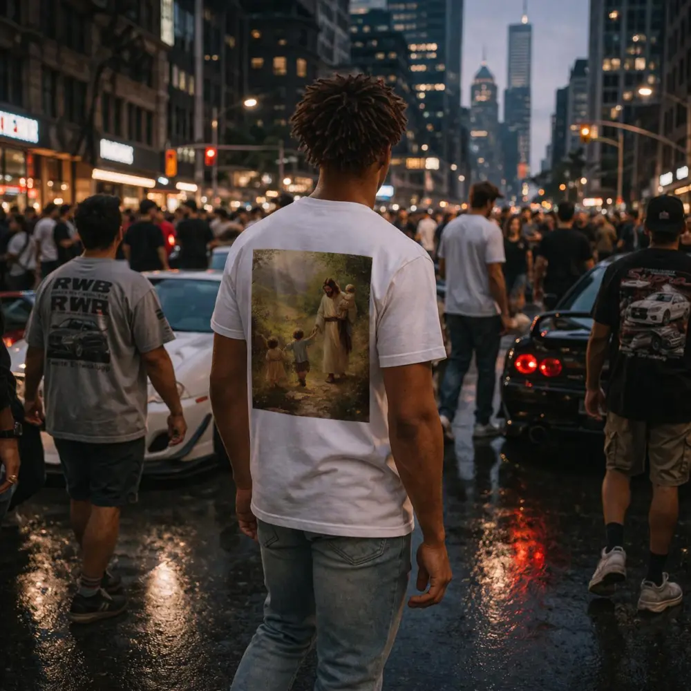Jesus Walking With Children On Path – T-Shirts