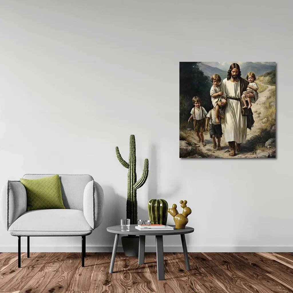 Jesus Walking With Children Mountain Path Painting – Wall Art