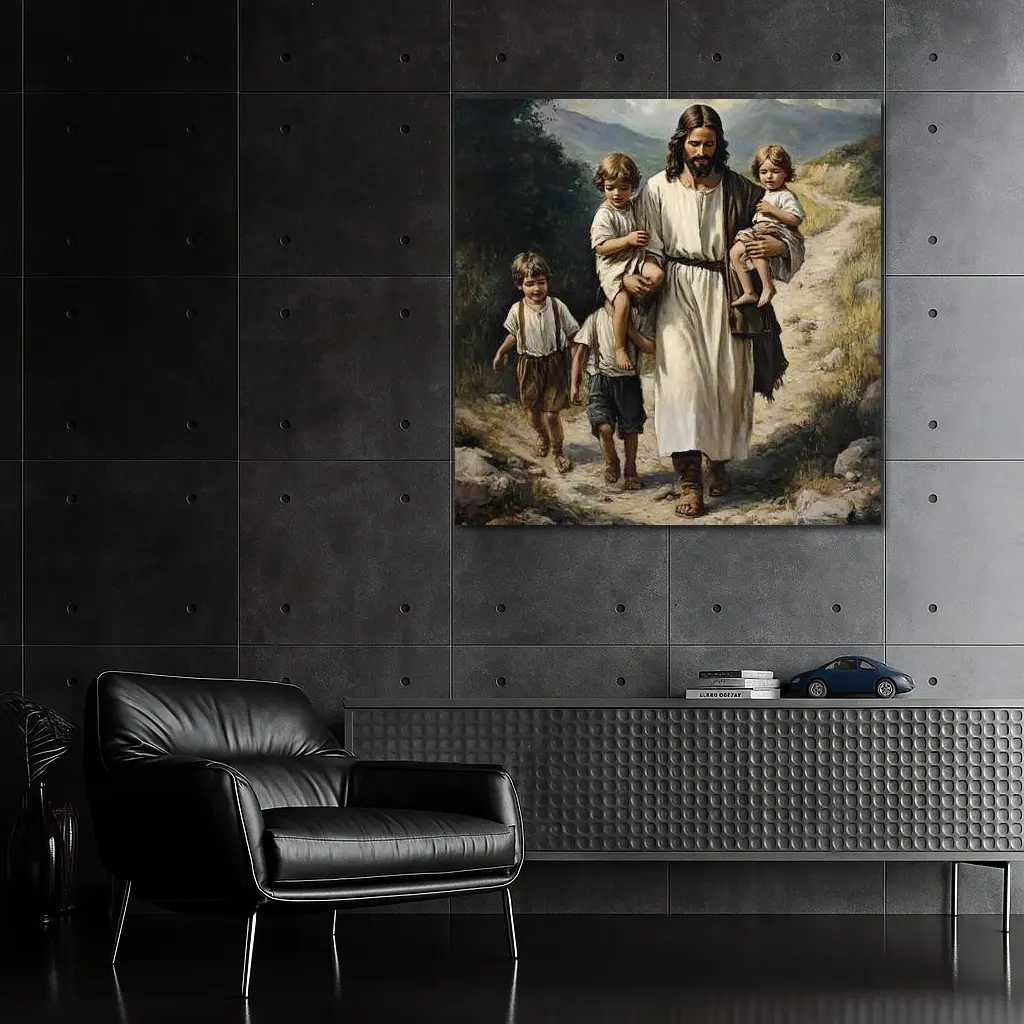 Jesus Walking With Children Mountain Path Painting – Wall Art