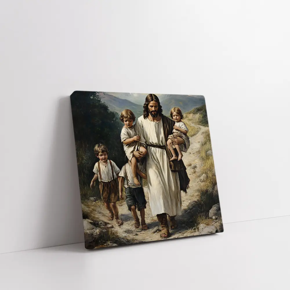 Jesus Walking With Children Mountain Path Painting – Wall Art