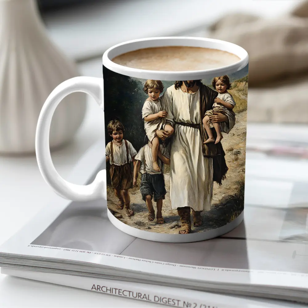 Jesus Walking With Children Mountain Path Painting – Mugs