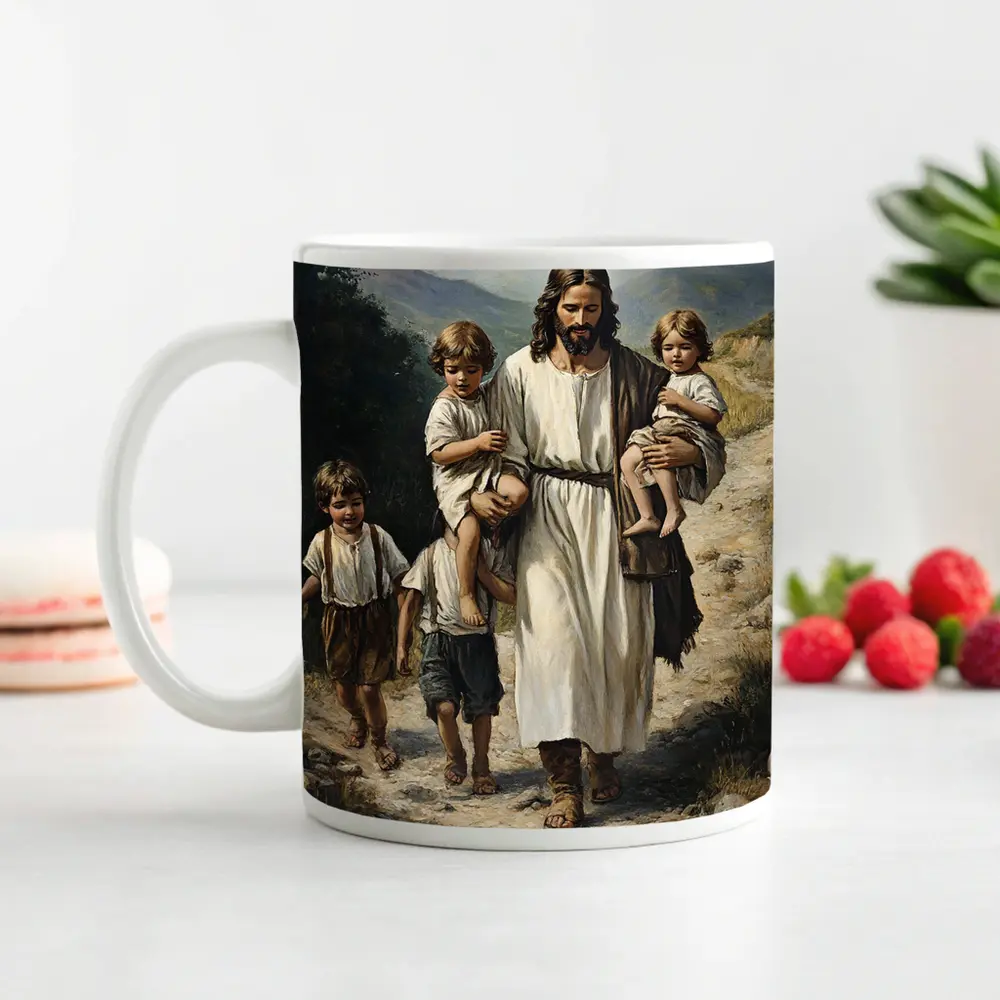 Jesus Walking With Children Mountain Path Painting – Mugs