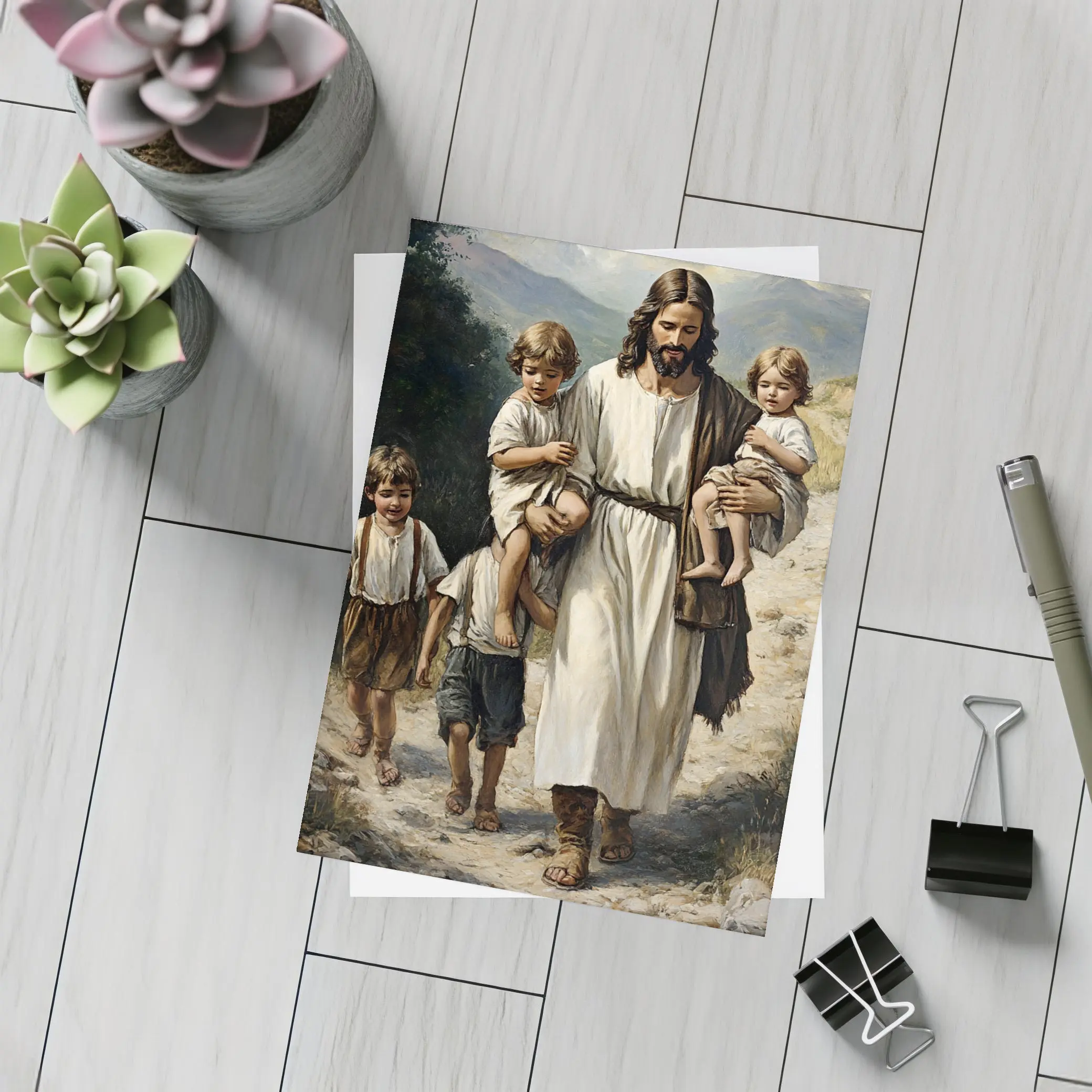 Jesus Walking With Children Mountain Path Painting – Postcards