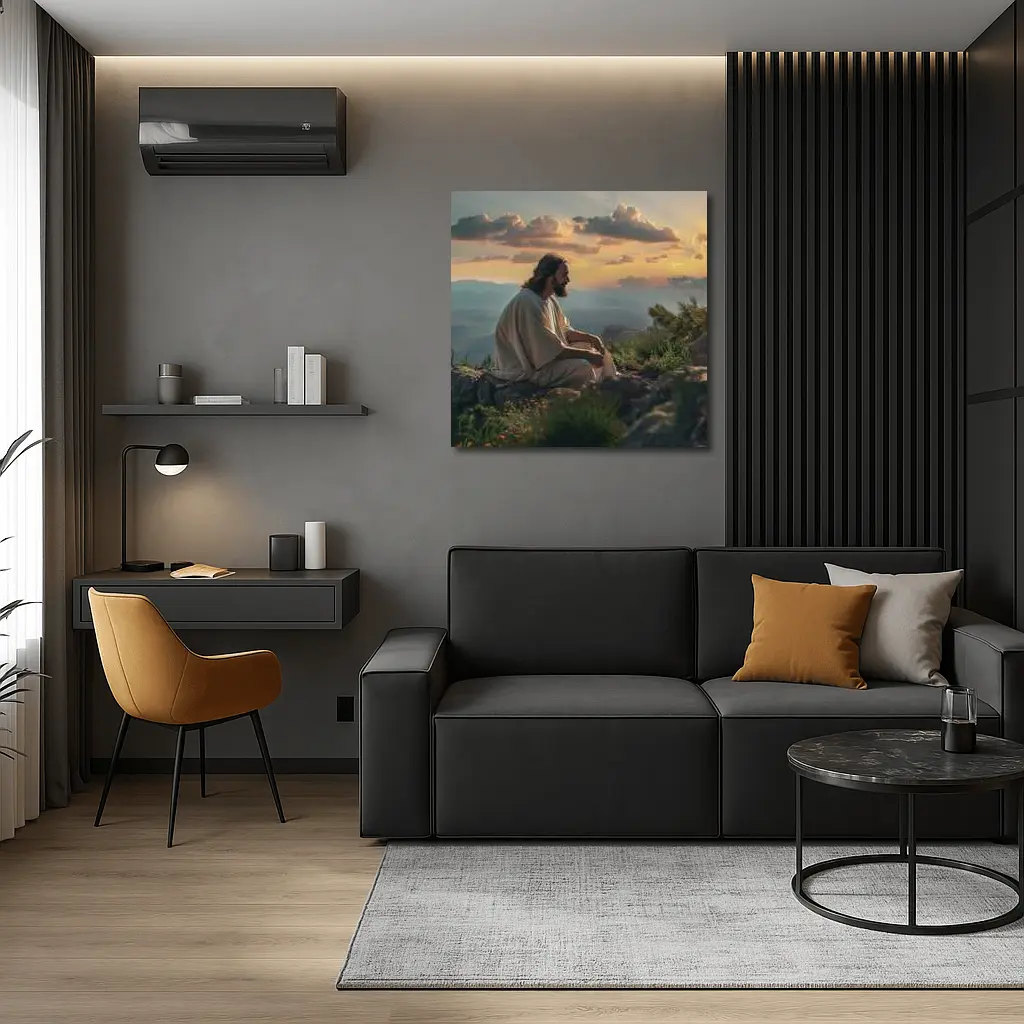 Jesus Sitting on Mountain at Sunset – Wall Art