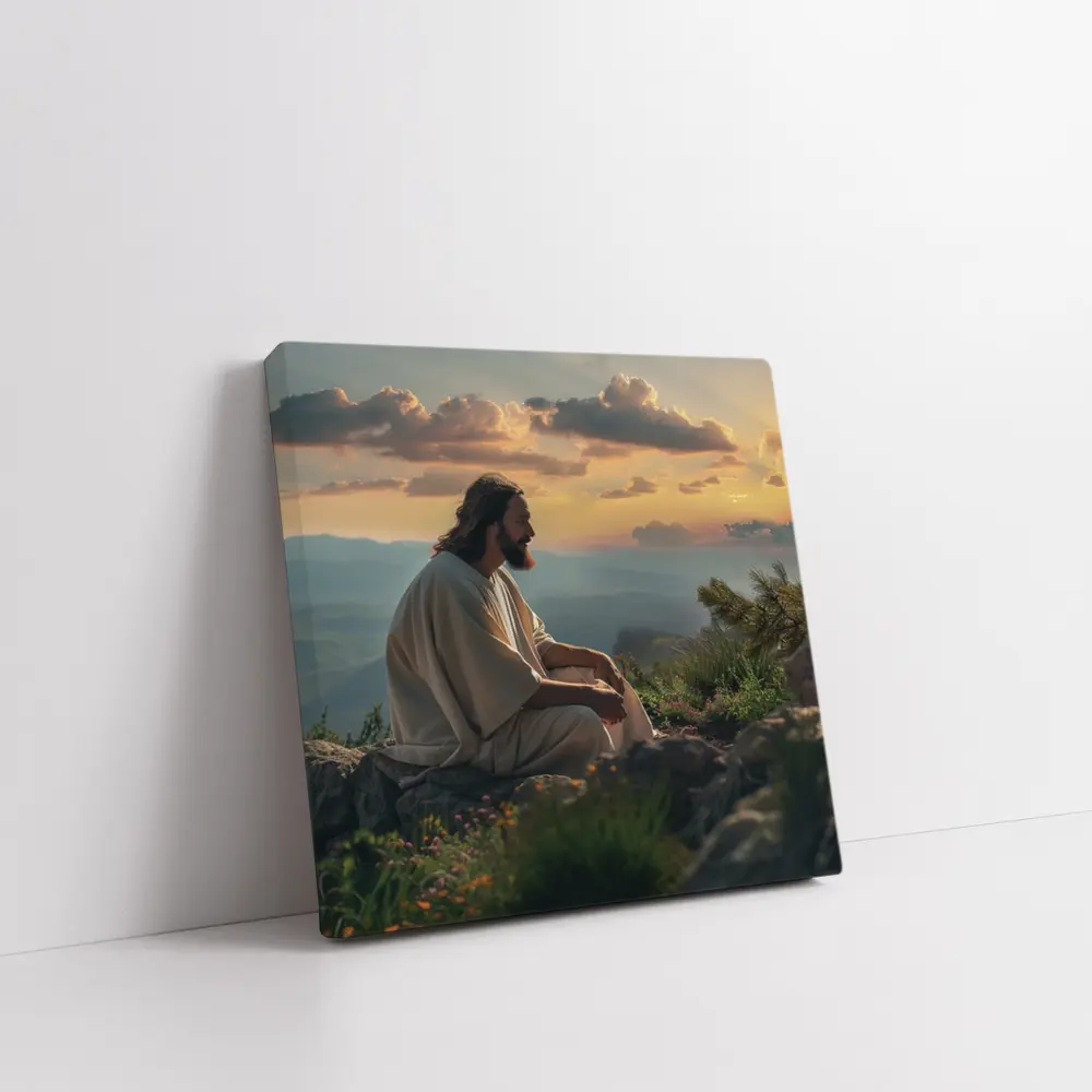 Jesus Sitting on Mountain at Sunset – Wall Art