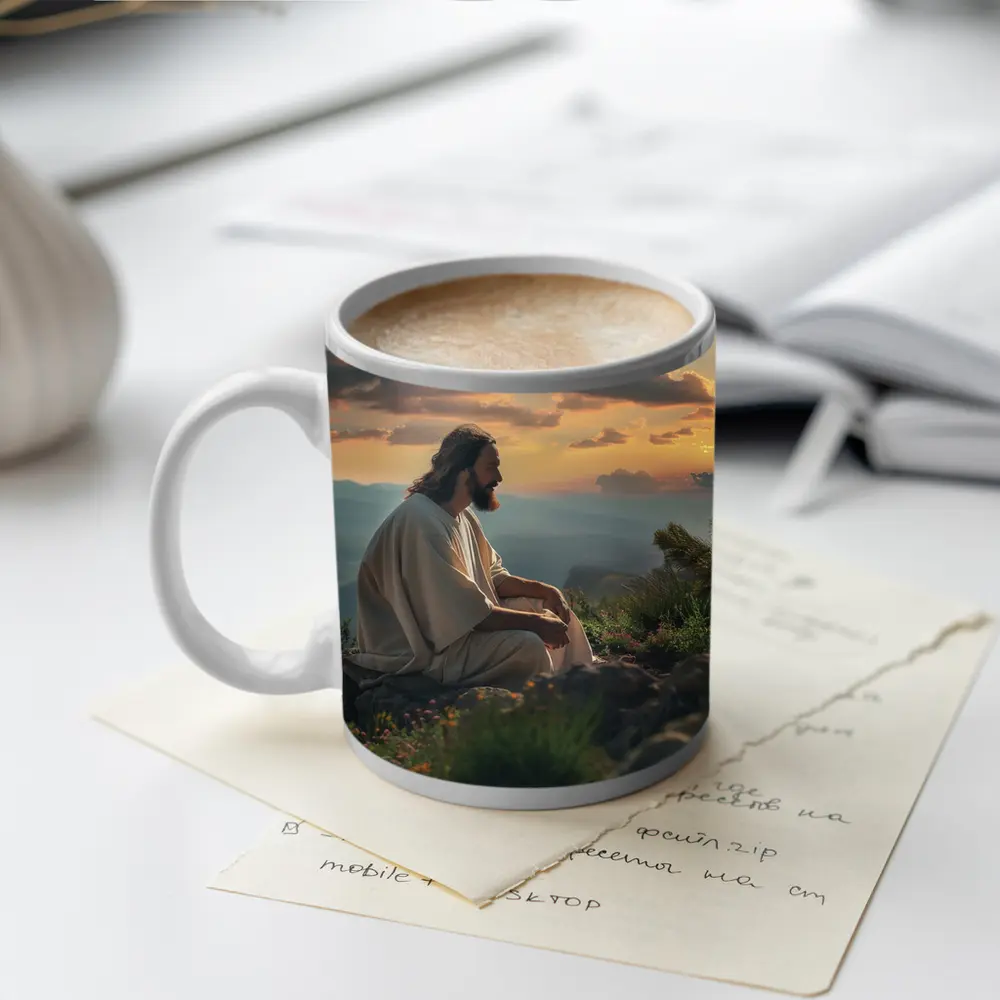 Jesus Sitting on Mountain at Sunset – Mugs