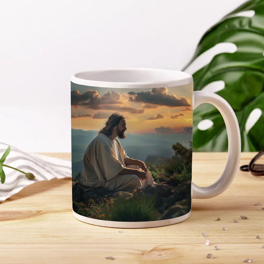 Jesus Sitting on Mountain at Sunset – Mugs