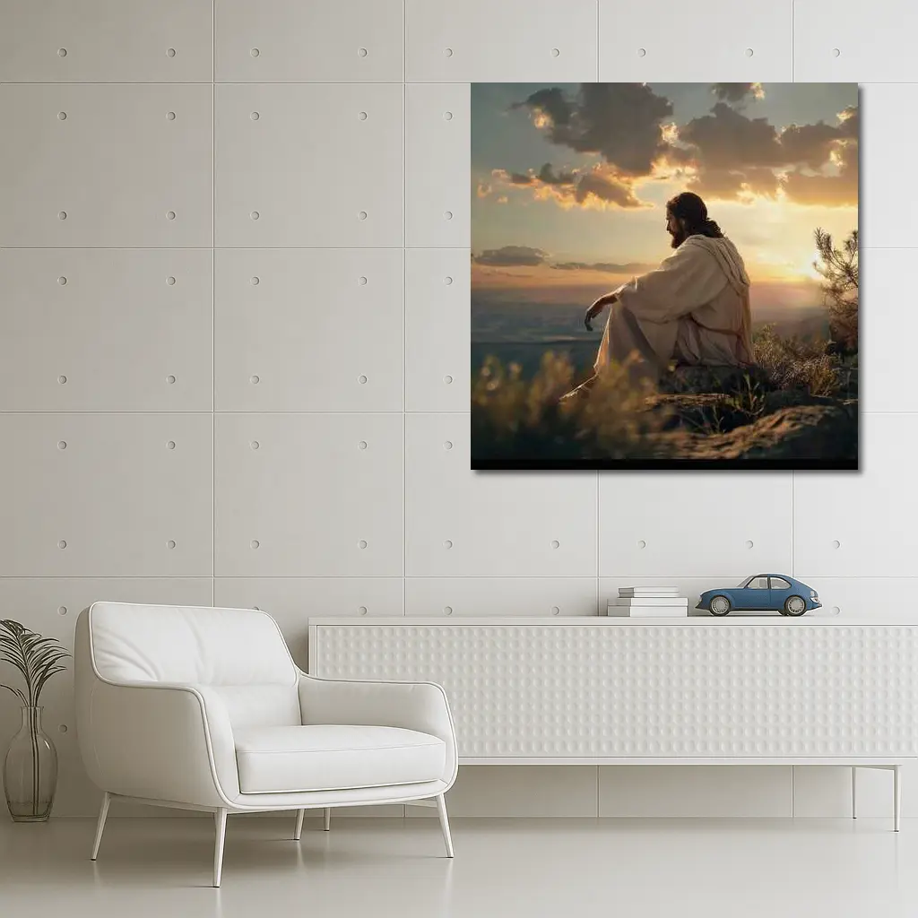 Jesus Sitting on Rock at Sunset – Wall Art