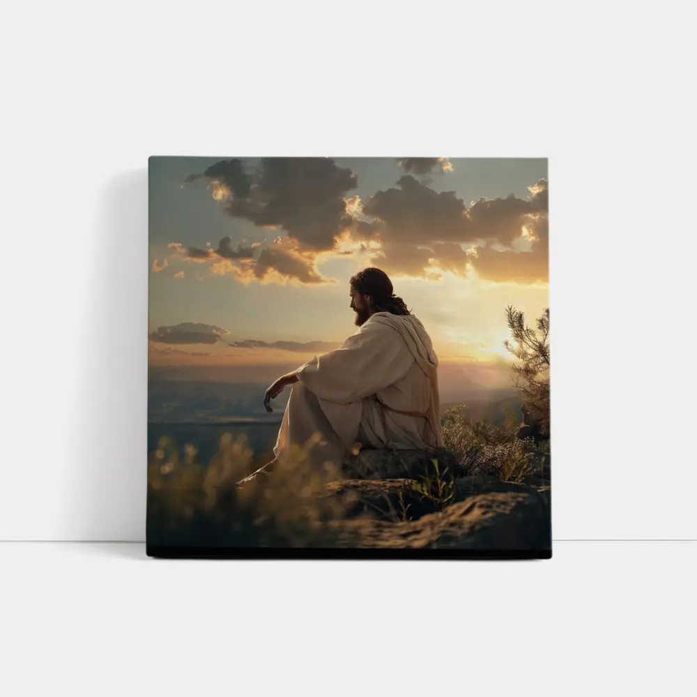 Jesus Sitting on Rock at Sunset – Wall Art