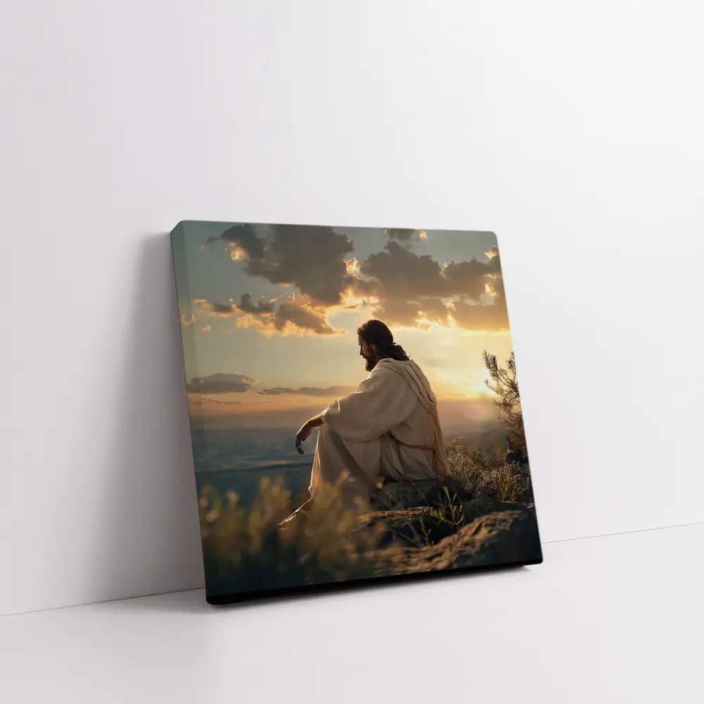 Jesus Sitting on Rock at Sunset – Wall Art
