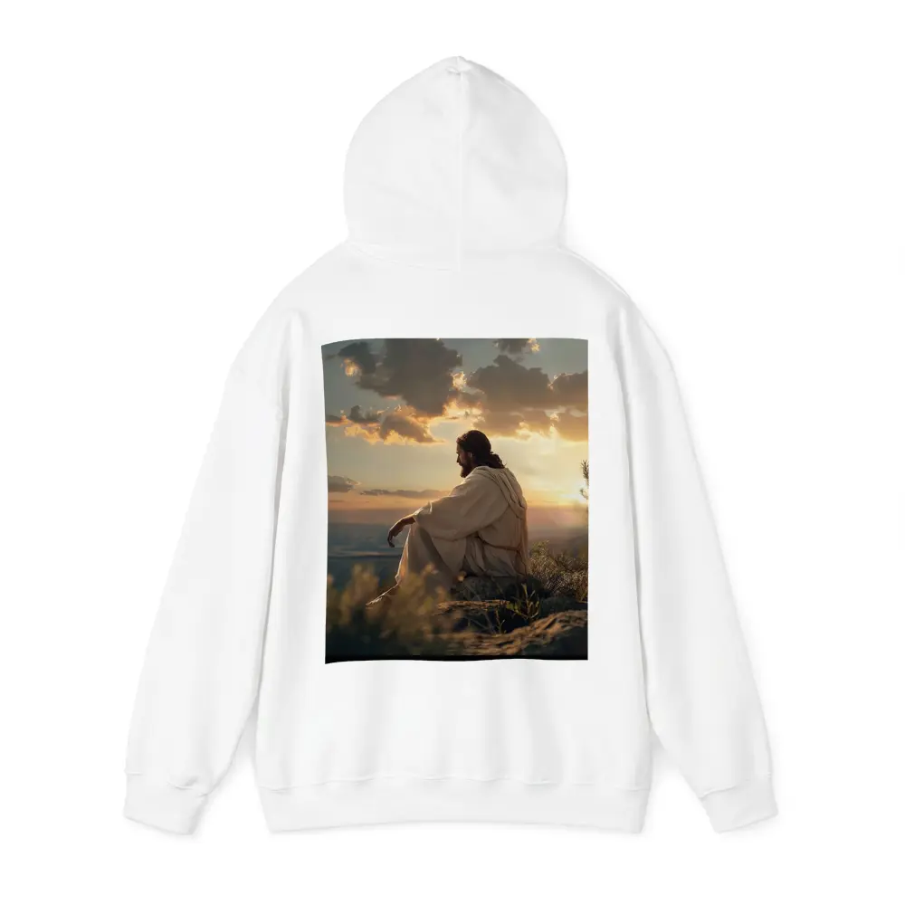 Jesus Sitting on Rock at Sunset – Hoodies