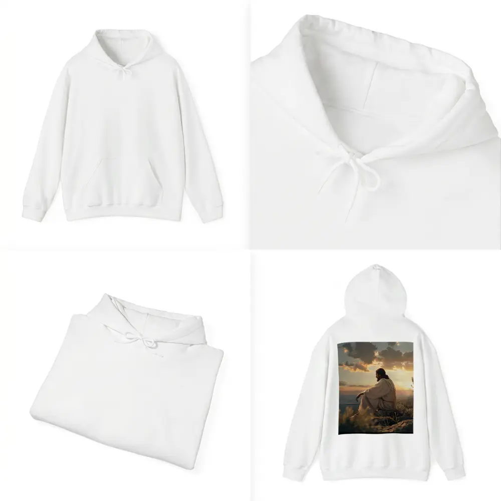 Jesus Sitting on Rock at Sunset – Hoodies