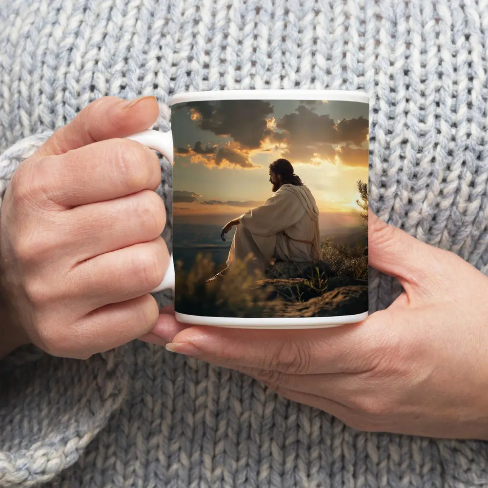 Jesus Sitting on Rock at Sunset – Mugs