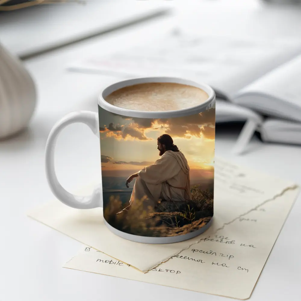 Jesus Sitting on Rock at Sunset – Mugs