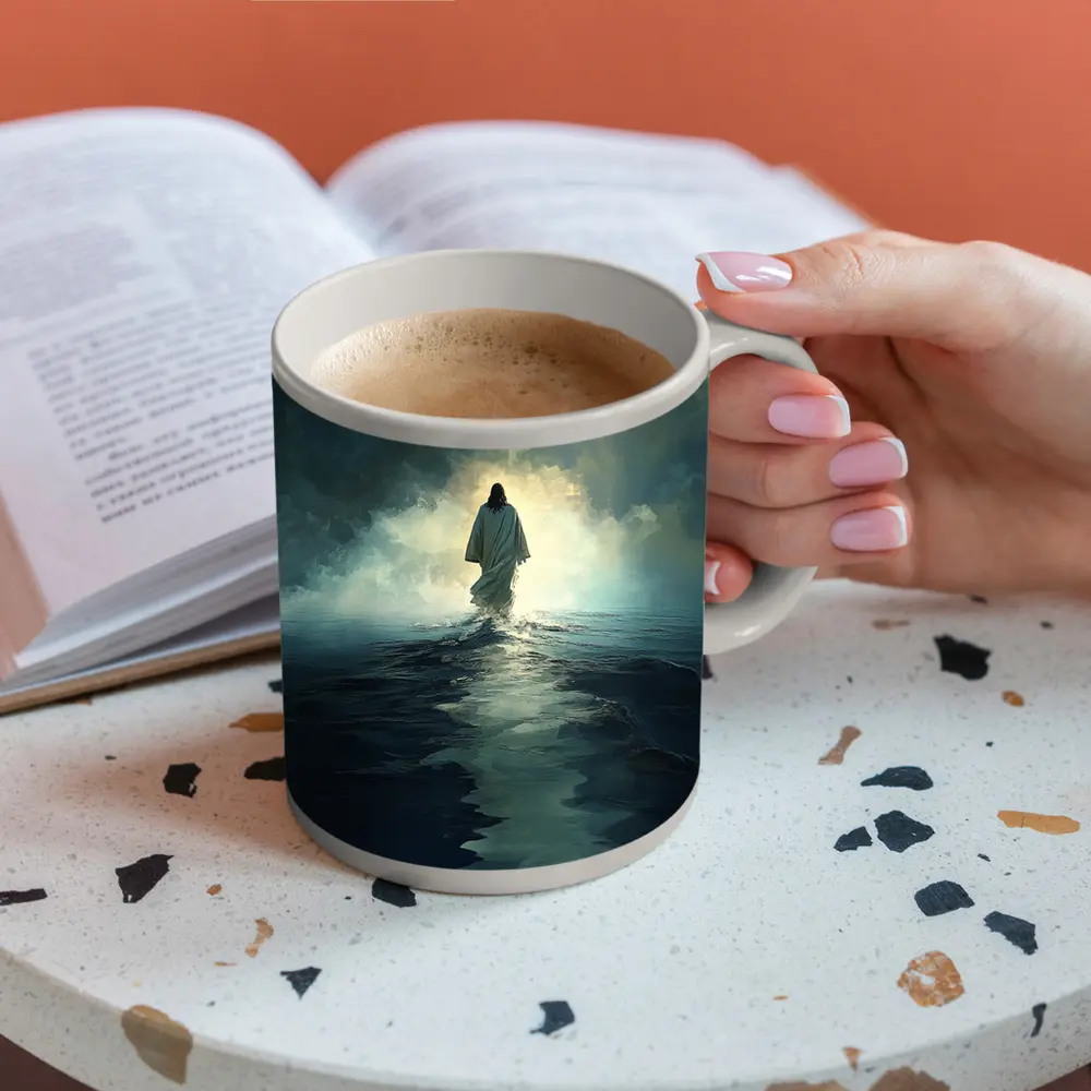 Jesus Walking on Water Stormy Ocean – Mugs