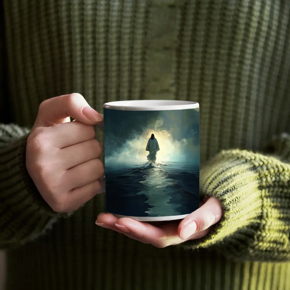 Jesus Walking on Water Stormy Ocean – Mugs