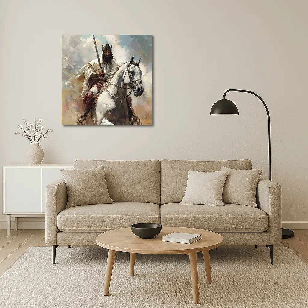 King on White Horse Sword Oil Painting – Wall Art