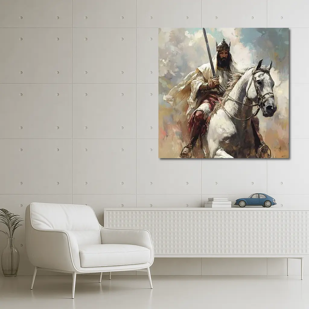 King on White Horse Sword Oil Painting – Wall Art