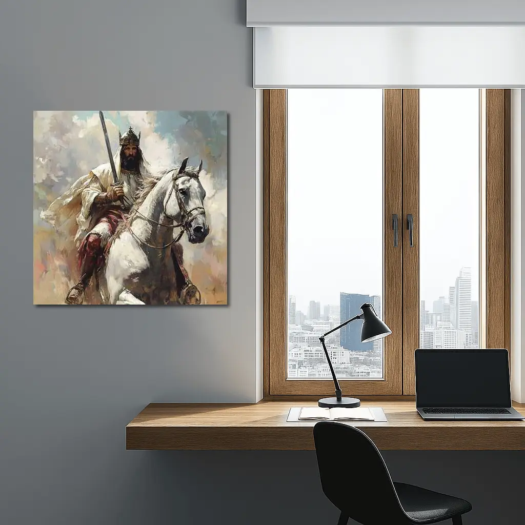 King on White Horse Sword Oil Painting – Wall Art