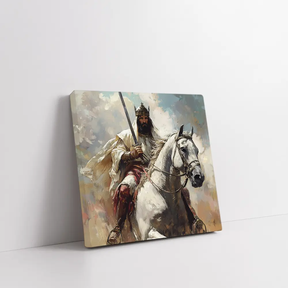 King on White Horse Sword Oil Painting – Wall Art