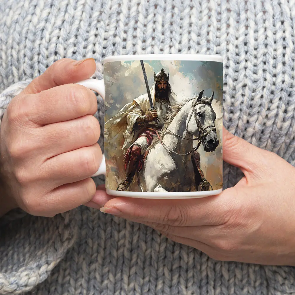 King on White Horse Sword Oil Painting – Mugs