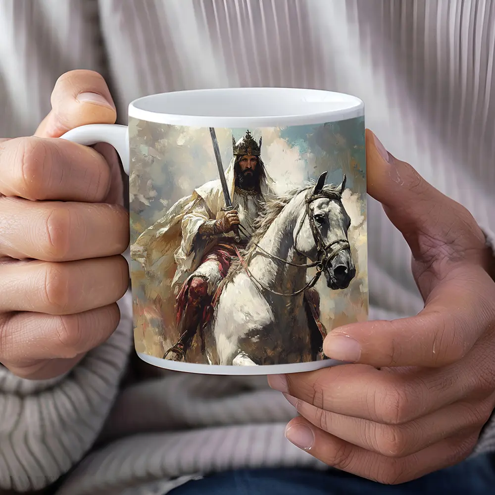 King on White Horse Sword Oil Painting – Mugs