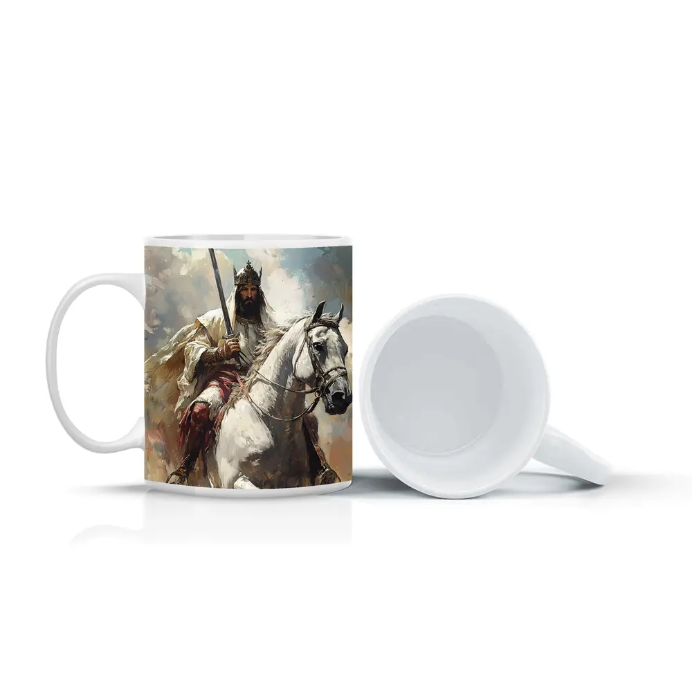 King on White Horse Sword Oil Painting – Mugs