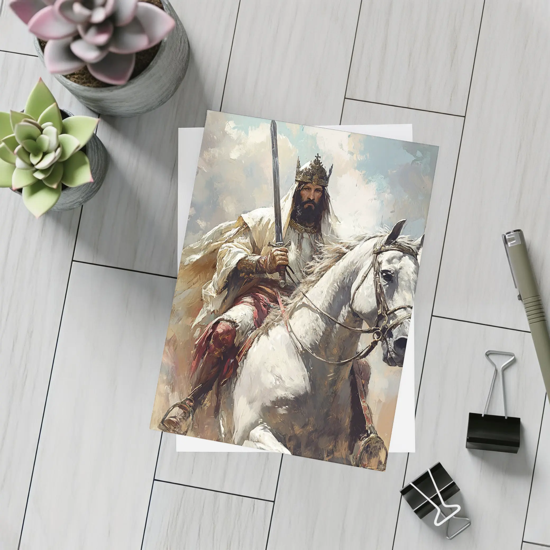 King on White Horse Sword Oil Painting – Postcards