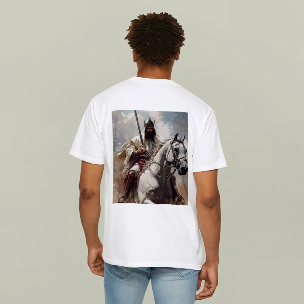 King on White Horse Sword Oil Painting – T-Shirts
