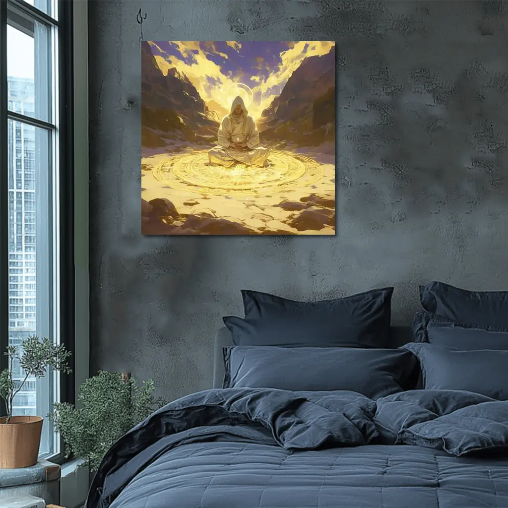 Hooded Mystic Meditating Golden Glowing Circle Canyon – Wall Art