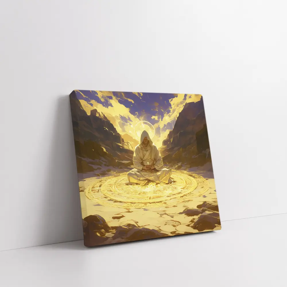 Hooded Mystic Meditating Golden Glowing Circle Canyon – Wall Art