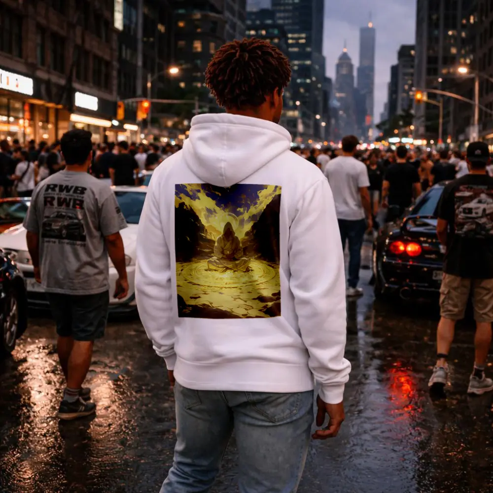 Hooded Mystic Meditating Golden Glowing Circle Canyon – Hoodies