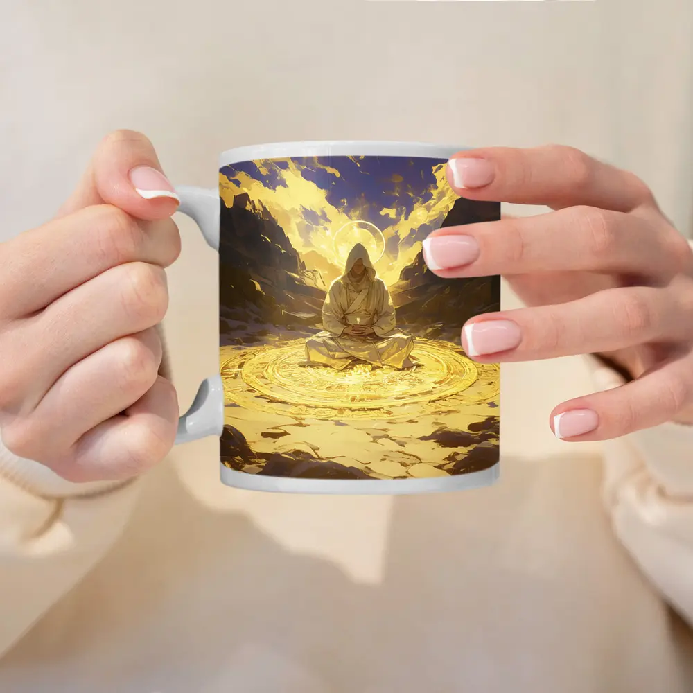 Hooded Mystic Meditating Golden Glowing Circle Canyon – Mugs