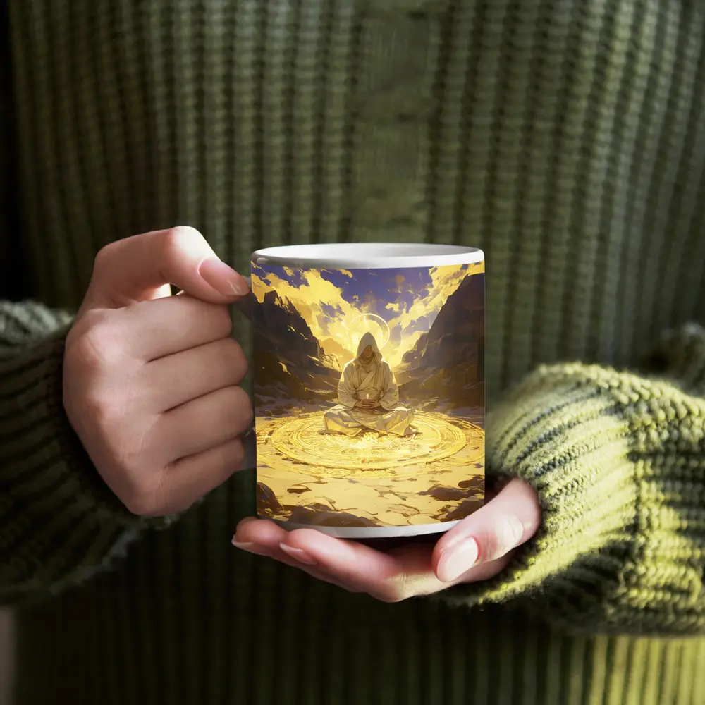 Hooded Mystic Meditating Golden Glowing Circle Canyon – Mugs