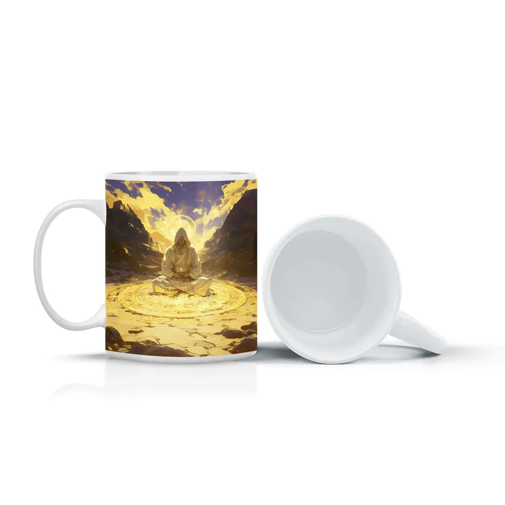 Hooded Mystic Meditating Golden Glowing Circle Canyon – Mugs