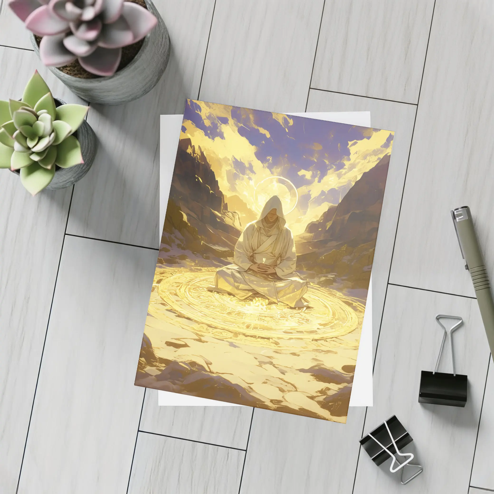 Hooded Mystic Meditating Golden Glowing Circle Canyon – Postcards