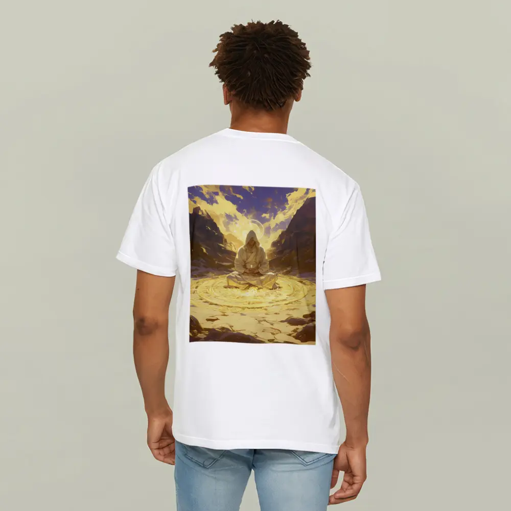 Hooded Mystic Meditating Golden Glowing Circle Canyon – T-Shirts