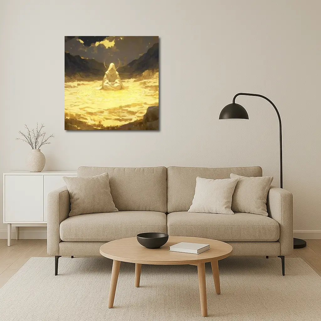 Hooded Meditating Figure Golden Desert Anime – Wall Art