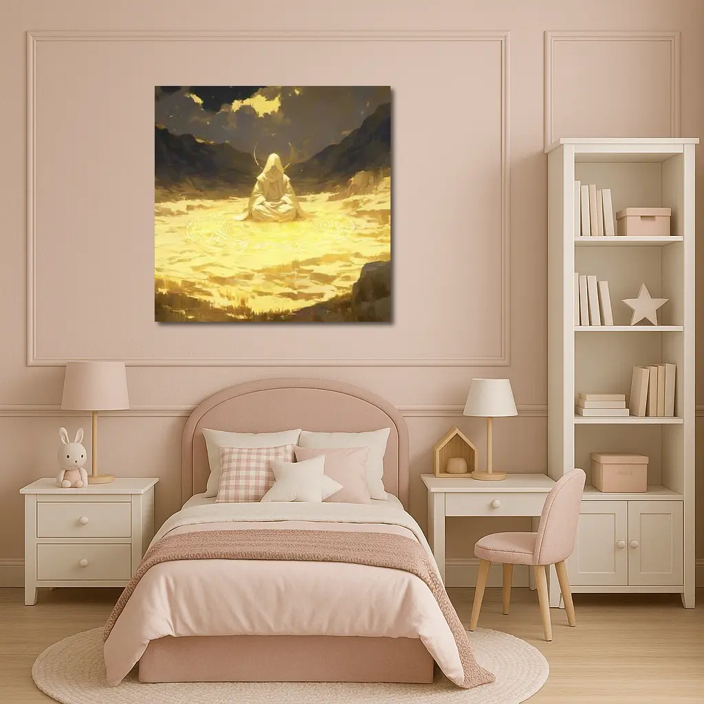 Hooded Meditating Figure Golden Desert Anime – Wall Art