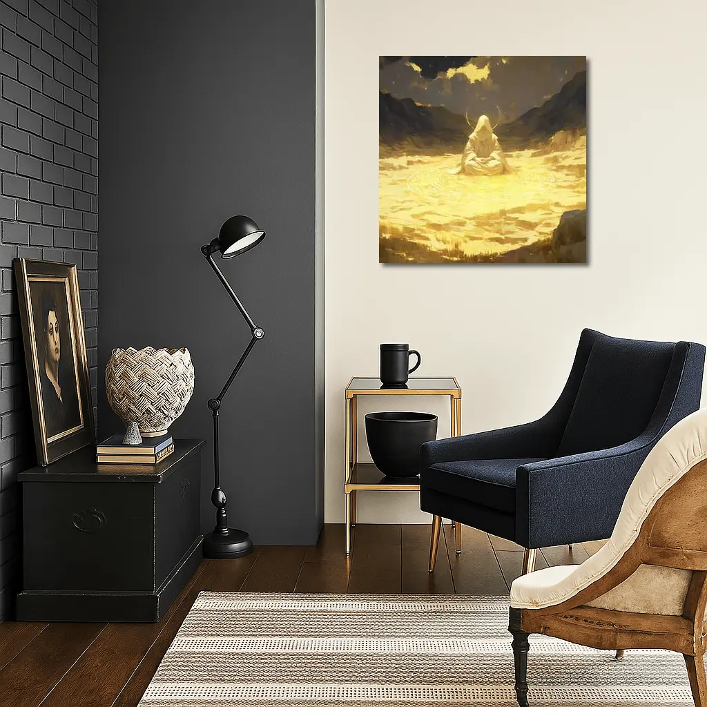 Hooded Meditating Figure Golden Desert Anime – Wall Art